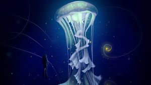 Preview wallpaper jellyfish, diver, art, sea, depth