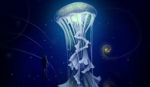 Preview wallpaper jellyfish, diver, art, sea, depth