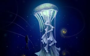 Preview wallpaper jellyfish, diver, art, sea, depth