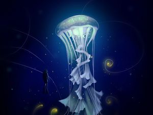 Preview wallpaper jellyfish, diver, art, sea, depth