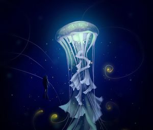 Preview wallpaper jellyfish, diver, art, sea, depth