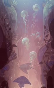 Preview wallpaper jellyfish, fish, algae, underwater, art