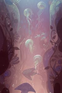 Preview wallpaper jellyfish, fish, algae, underwater, art