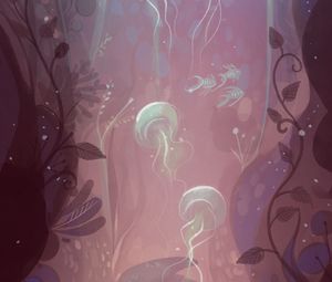 Preview wallpaper jellyfish, fish, algae, underwater, art