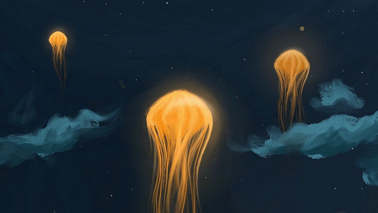 Wallpaper jellyfish, lanterns, night, art, sky, fantastic