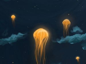 Preview wallpaper jellyfish, lanterns, night, art, sky, fantastic