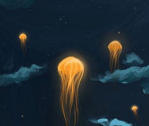 Preview wallpaper jellyfish, lanterns, night, art, sky, fantastic