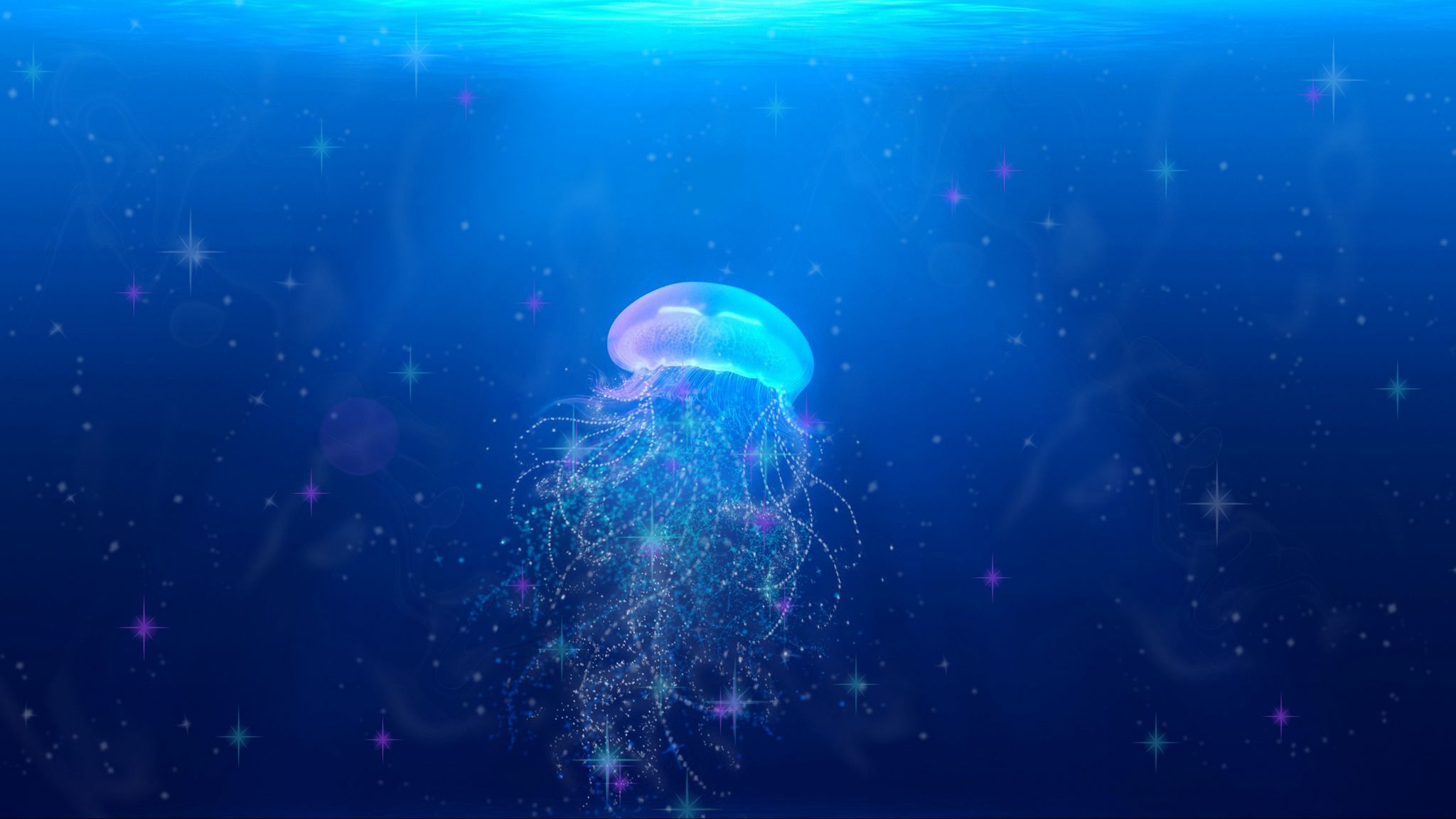 Download wallpaper 2048x1152 jellyfish, underwater world, swim