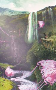 Preview wallpaper jellyfish, waterfall, illusion, man, fantasy