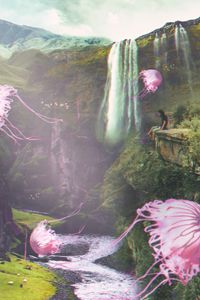 Preview wallpaper jellyfish, waterfall, illusion, man, fantasy