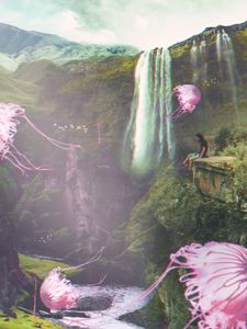Preview wallpaper jellyfish, waterfall, illusion, man, fantasy