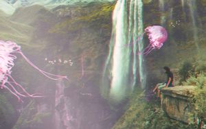 Preview wallpaper jellyfish, waterfall, illusion, man, fantasy