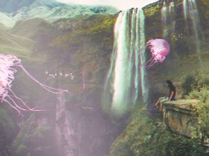 Preview wallpaper jellyfish, waterfall, illusion, man, fantasy