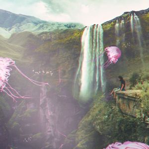 Preview wallpaper jellyfish, waterfall, illusion, man, fantasy