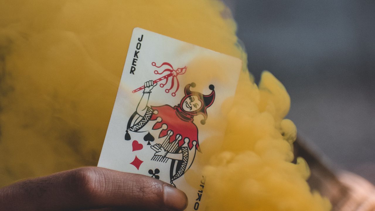 Wallpaper joker, playing card, smoke, yellow, hand
