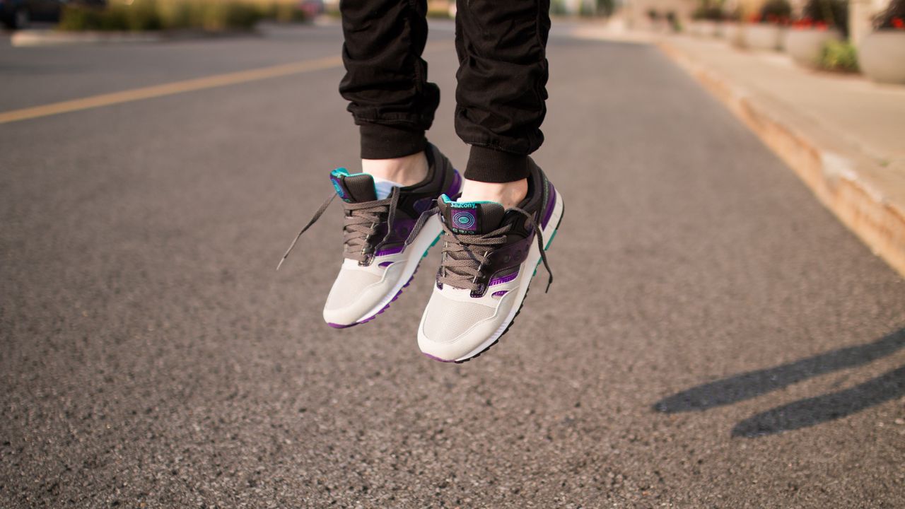 Wallpaper jump, legs, sneakers, shoes, asphalt