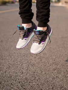 Preview wallpaper jump, legs, sneakers, shoes, asphalt