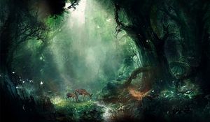 Preview wallpaper jungle, fantasy, deer, butterflies, night, trees