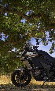 Preview wallpaper kawasaki, motorcycle, bike, black, tree