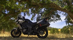 Preview wallpaper kawasaki, motorcycle, bike, black, tree