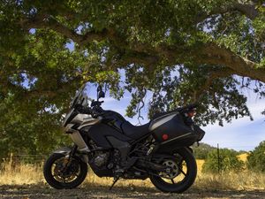 Preview wallpaper kawasaki, motorcycle, bike, black, tree