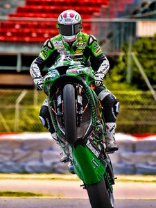 Preview wallpaper kawasaki, motorcycle, green, motorcyclist, trick