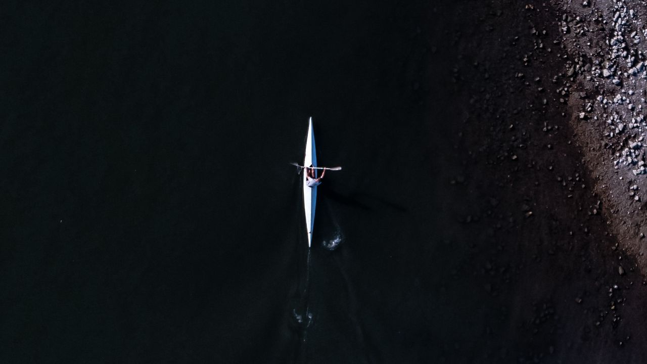 Wallpaper kayak, boat, aerial view, water, dark