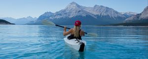 Preview wallpaper kayak, boat, girl, oars, water, mountains