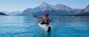 Preview wallpaper kayak, boat, girl, oars, water, mountains