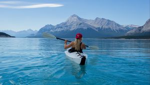 Preview wallpaper kayak, boat, girl, oars, water, mountains