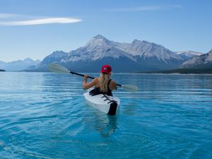 Preview wallpaper kayak, boat, girl, oars, water, mountains