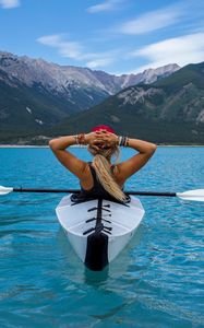 Preview wallpaper kayak, boat, girl, mountains, sea