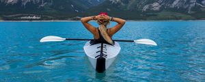 Preview wallpaper kayak, boat, girl, mountains, sea