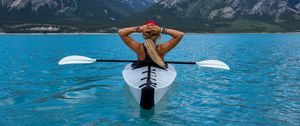 Preview wallpaper kayak, boat, girl, mountains, sea