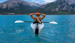 Preview wallpaper kayak, boat, girl, mountains, sea