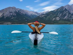 Preview wallpaper kayak, boat, girl, mountains, sea