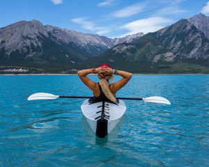 Preview wallpaper kayak, boat, girl, mountains, sea