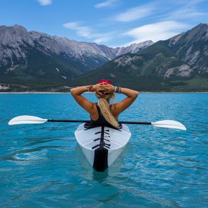 Preview wallpaper kayak, boat, girl, mountains, sea