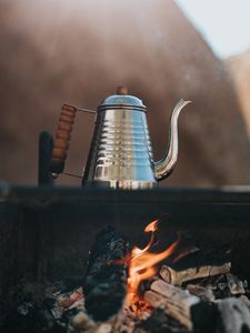 Preview wallpaper kettle, bonfire, camping, hiking