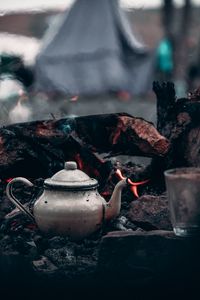 Preview wallpaper kettle, bonfire, logs, fire, camping