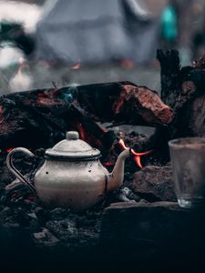 Preview wallpaper kettle, bonfire, logs, fire, camping