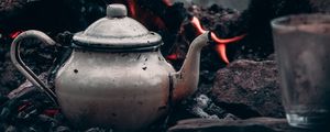 Preview wallpaper kettle, bonfire, logs, fire, camping