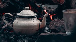 Preview wallpaper kettle, bonfire, logs, fire, camping