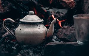 Preview wallpaper kettle, bonfire, logs, fire, camping