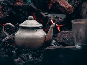 Preview wallpaper kettle, bonfire, logs, fire, camping