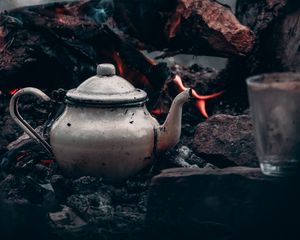 Preview wallpaper kettle, bonfire, logs, fire, camping