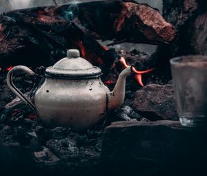 Preview wallpaper kettle, bonfire, logs, fire, camping