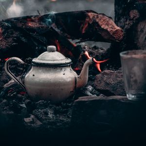 Preview wallpaper kettle, bonfire, logs, fire, camping