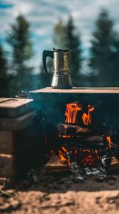 Preview wallpaper kettle, campfire, hiking, camping