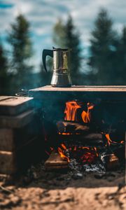 Preview wallpaper kettle, campfire, hiking, camping